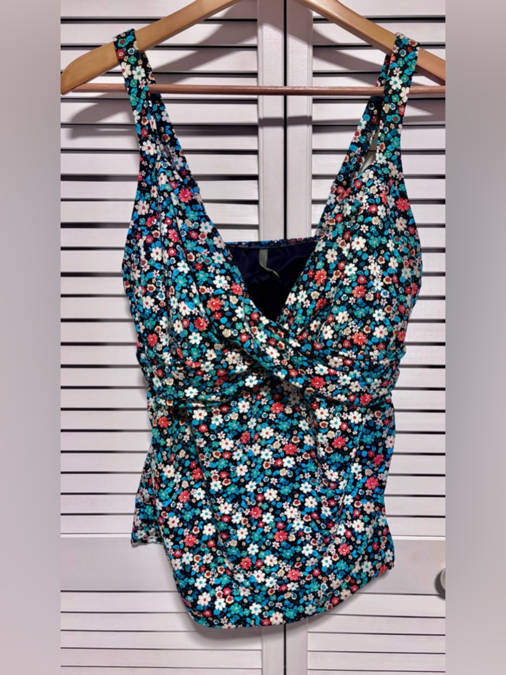 Lands' End Floral Tankini Top in Teal, White & Coral